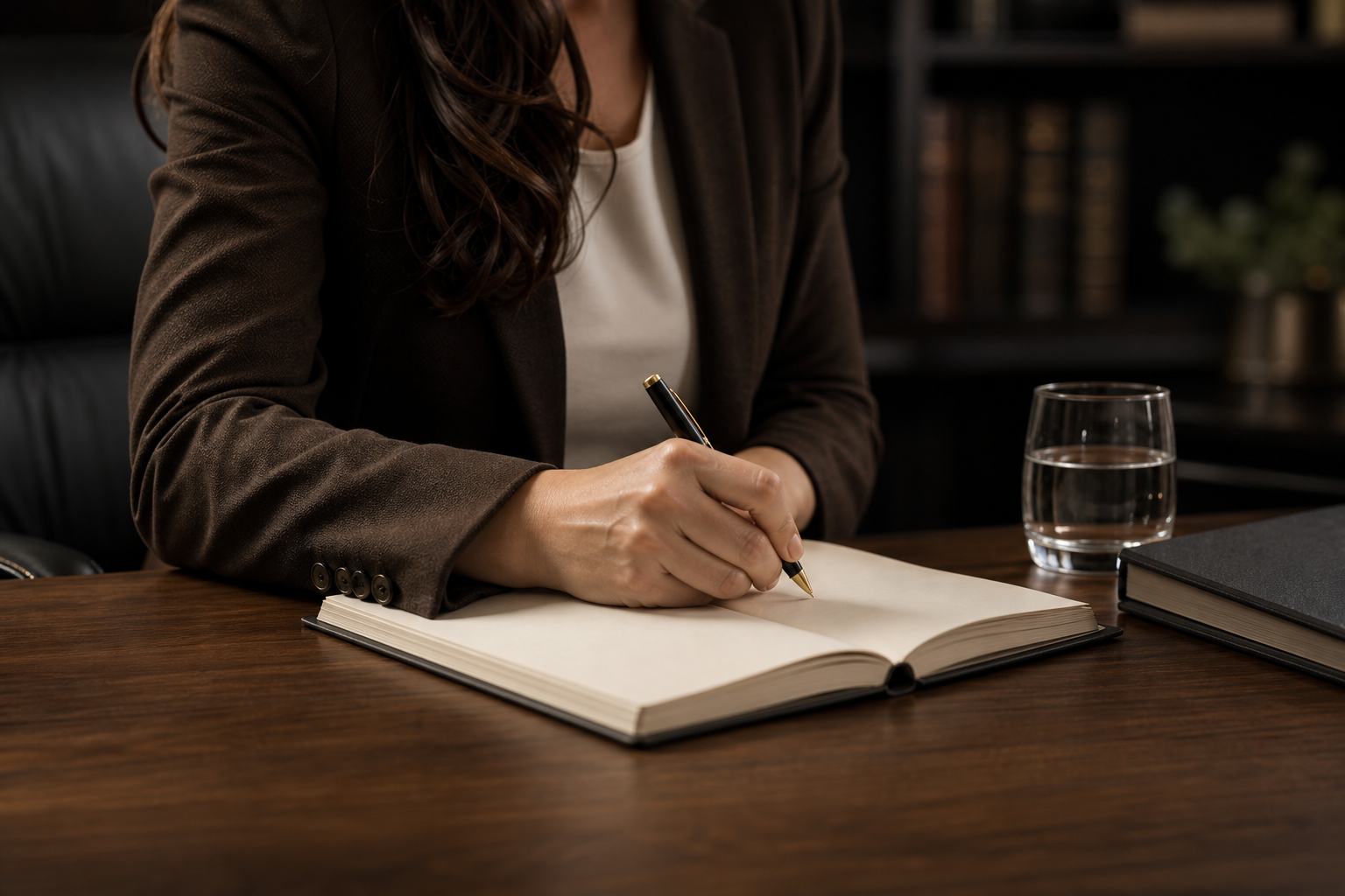 A clinician writing careful notes during a professional case review